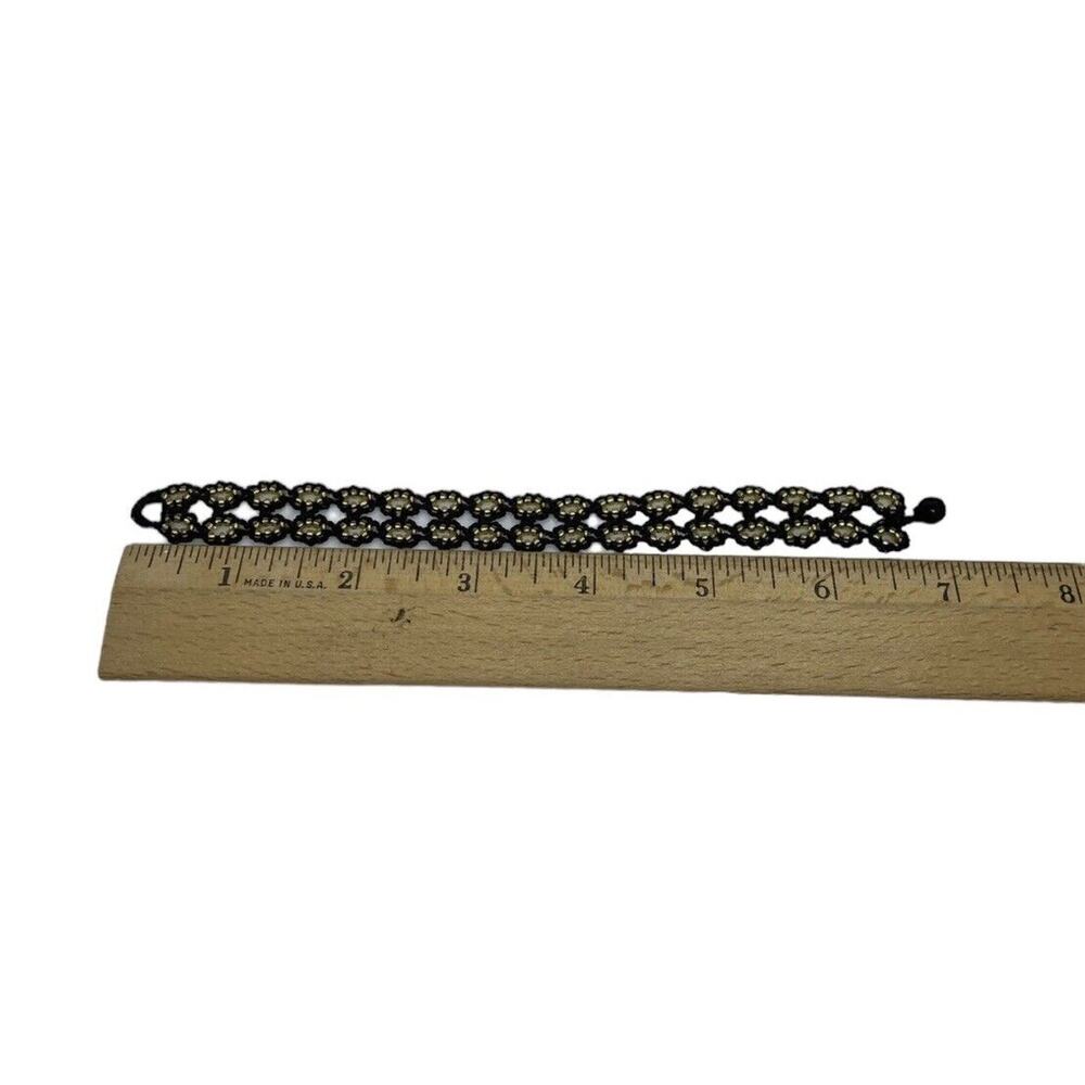 Turkish Artisan Fashion Flat Crochet 7” Bracelet Black Cord Gold Round Beads - Picture 8 of 11